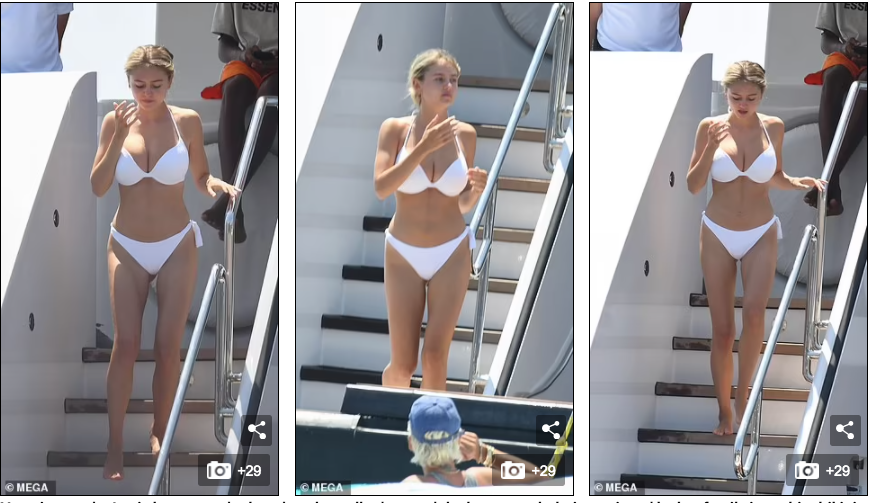 Leni khoe đường cong thể hình với bộ bikini trắng, gợi cảm nổi bật trên du thuyền. Ngoài Leni, những người con khác của Heidi, gồm bé gái Lou (11 tuổi) và các con trai Henry (15 tuổi) và Johan (14 tuổi), cũng đi nghỉ cùng mẹ và bố dượng.