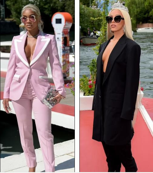 Ca sĩ Saweetie (SN 1993 - trái) cũng phong cách không nội y, phô ngực đầy "nóng mắt" tại sự kiện.