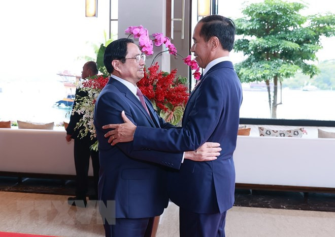 Thủ tướng Phạm Minh Chính gặp Tổng thống Indonesia Joko Widodo. (Ảnh: Dương Giang/TTXVN)