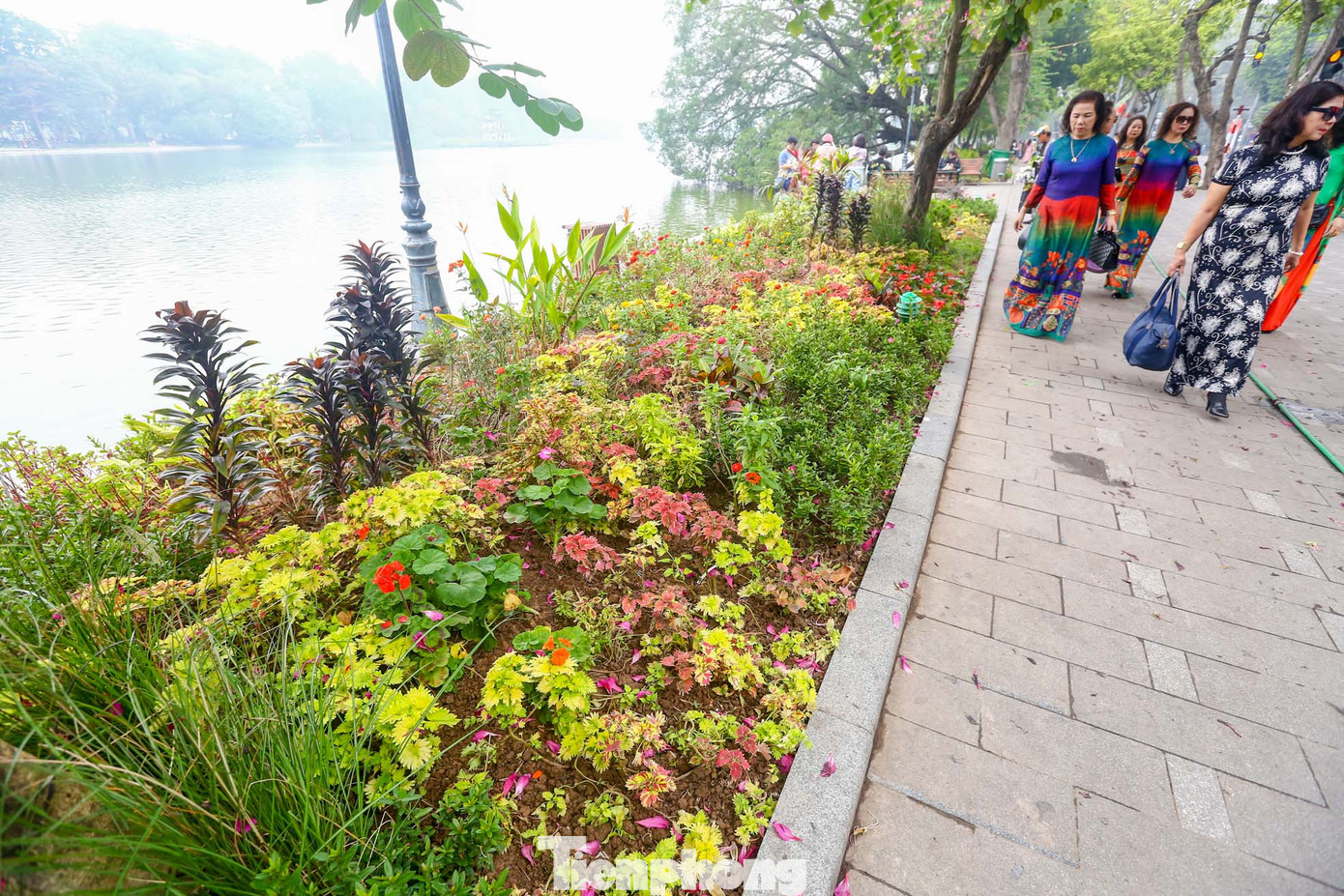 Các bồn hoa xung quanh hồ Hoàn Kiếm được "thay áo" rực rỡ đón năm mới.