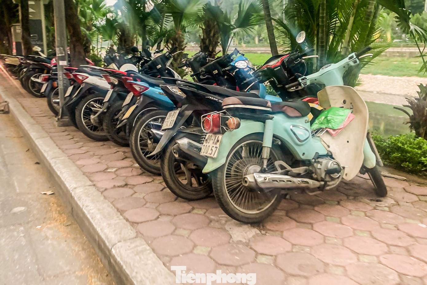 Vỉa hè dọc sông Tô Lịch đều bị lấn chiếm thành bãi đỗ xe cho các cửa hàng kinh doanh ở bên kia đường.