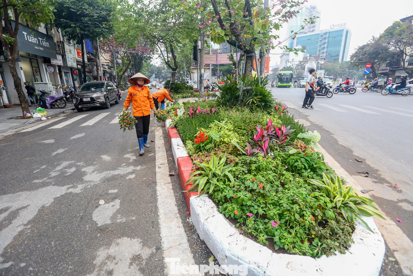 Công nhân gấp rút chỉnh trang tại khu vực vườn hoa Cửa Nam.