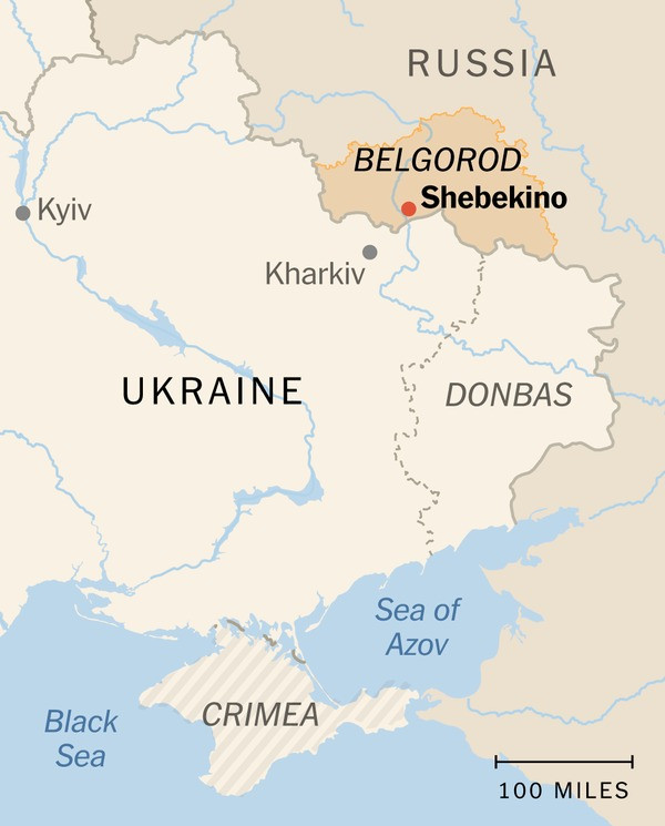 Kharkiv và Belgorod nằm ở hai bên biên giới Ukraine - Nga. Bản đồ: New York Times
