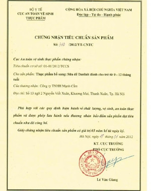 Giấy chứng nhận tiêu chuẩn sản phẩm của công ty Mạnh Cầm do Cục An toàn thực phẩm cấp ghi rõ đây chỉ là thực phẩm bổ sung. Giấy chứng nhận tiêu chuẩn sản phẩm của công ty Mạnh Cầm do Cục An toàn thực phẩm cấp ghi rõ đây chỉ là thực phẩm bổ sung