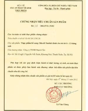 Giấy chứng nhận tiêu chuẩn sản phẩm của công ty Mạnh Cầm do Cục An toàn thực phẩm cấp ghi rõ đây chỉ là thực phẩm bổ sung. Giấy chứng nhận tiêu chuẩn sản phẩm của công ty Mạnh Cầm do Cục An toàn thực phẩm cấp ghi rõ đây chỉ là thực phẩm bổ sung
