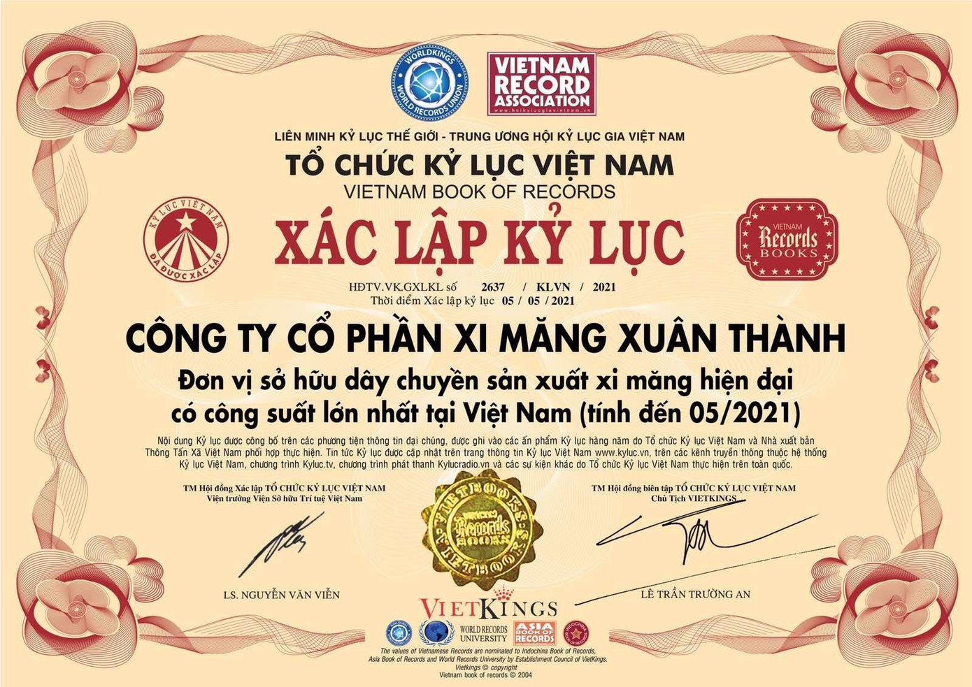 Xi măng Xuân Thành vinh dự được Tổ chức kỷ lục Việt Nam xác lập kỷ lục: “Đơn vị sở hữu dây chuyền sản xuất xi măng hiện đại, công suất lớn nhất tại Việt Nam”