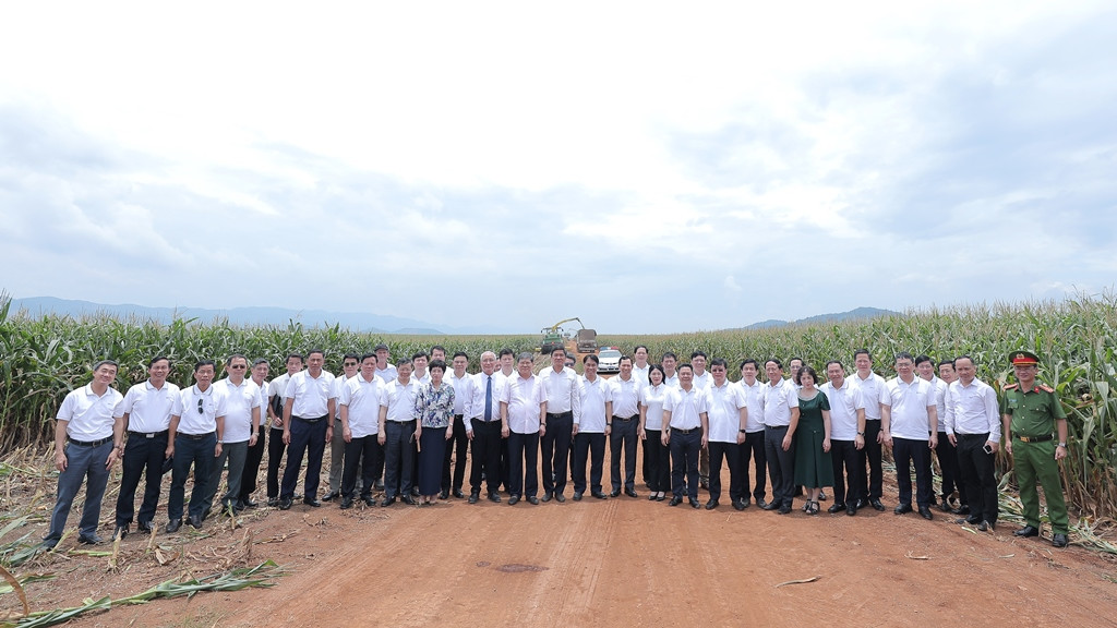 Tập thể lớp cán bộ quy hoạch Ủy viên Ban Chấp hành Trung ương Đảng khóa XIV chụp ảnh lưu niệm tại cánh đồng nguyên liệu của Tập đoàn TH tại Nghĩa Đàn, Nghệ An.