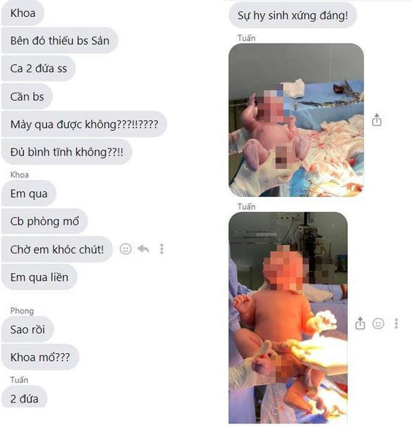 Đoạn tin nhắn được cho là chụp lại cuộc đối thoại giữa bác sĩ và các đồng nghiệp. Hai bức ảnh bé sơ sinh được xác định là của một ca sinh khác trước đó.