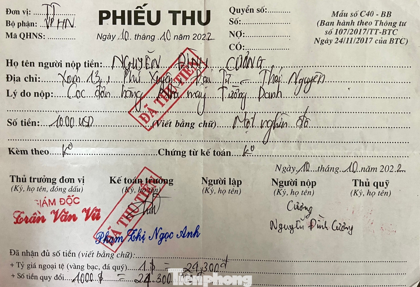 Phiếu thu tiền đặt cọc của anh Nguyễn Đình Cương.