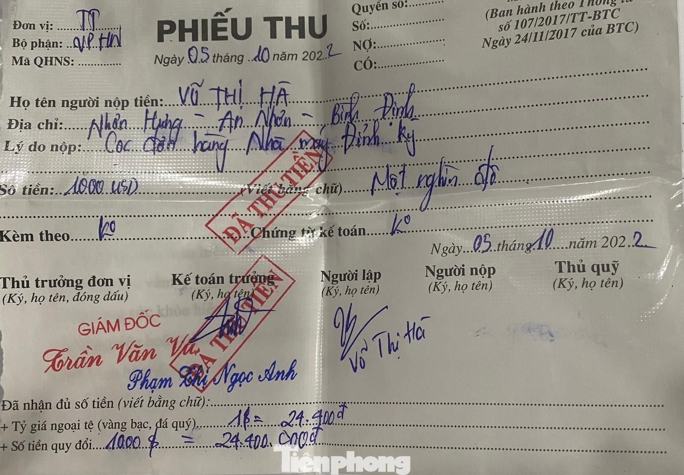 Phiếu thu tiền đặt cọc của chị Vũ Thị Hà.