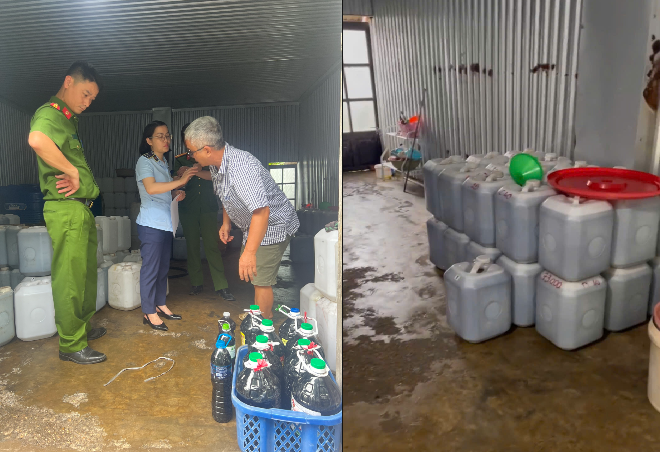 Cơ quan chức năng kiểm tra, phát hiện cơ sở kinh doanh 2.600l nước mắm không rõ nguồn gốc xuất xứ.