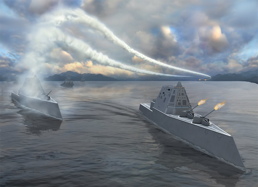 Mô hình tàu tàng hình DDG-1000 lớp Zumwalt của hải quân Mỹ. Ảnh: Defense Industry Daily. Mô hình tàu tàng hình DDG-1000 lớp Zumwalt của hải quân Mỹ. Ảnh: Defense Industry Daily