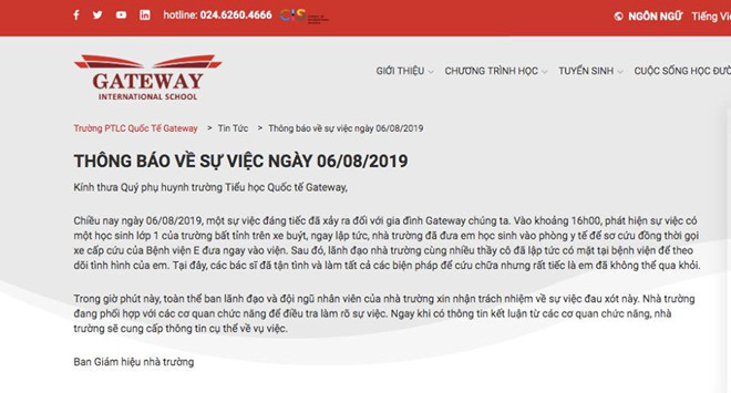 Học sinh tử vong trên ôtô đưa đón: Trường Gateway tự 'gắn mác' quốc tế? ảnh 1