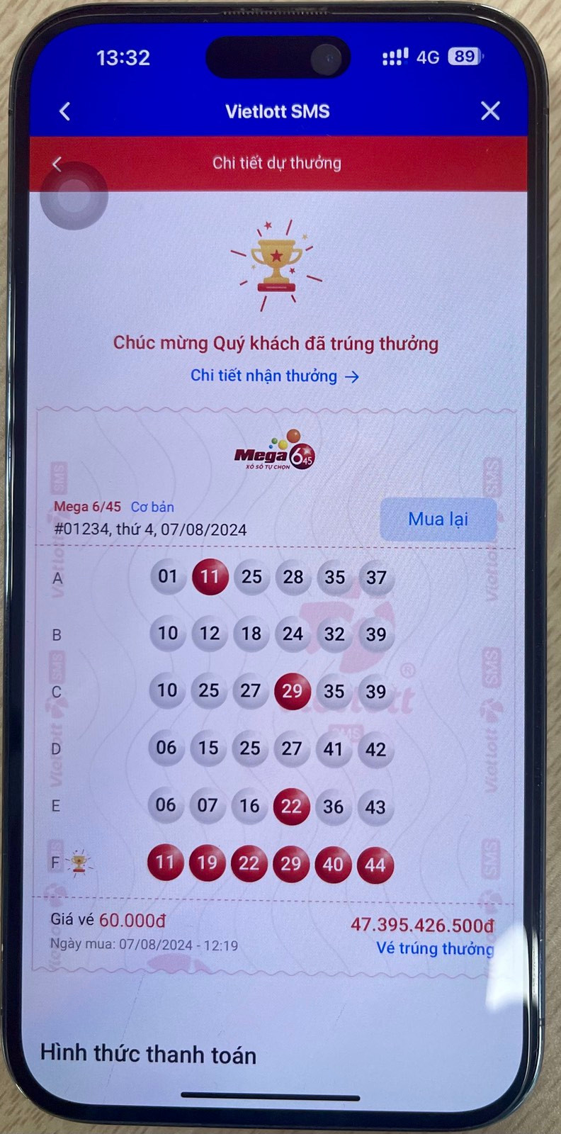 Dãy số Vietlott anh T.D. mua qua ứng dụng điện thoại di động, trúng giải gần 48 tỷ đồng.