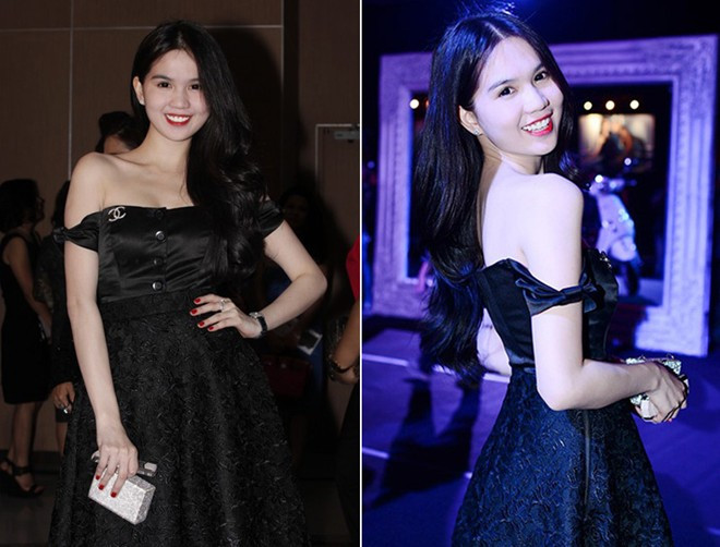 Trong show diễn thời trang The Muse của nhà thiết kế Đỗ Mạnh Cường, Ngọc Trinh một lần nữa tận dụng lợi thế da trắng, vai thon, bộ ngực đầy đặn trong bộ váy đen trễ vai