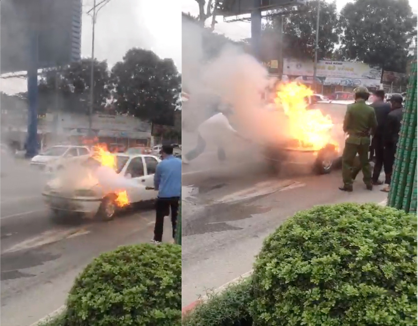 Cảnh sát và người dân xung quanh dùng bình cứu hỏa dập lửa giúp chủ xe. Cảnh sát và người dân xung quanh dùng bình cứu hỏa dập lửa giúp chủ xe.