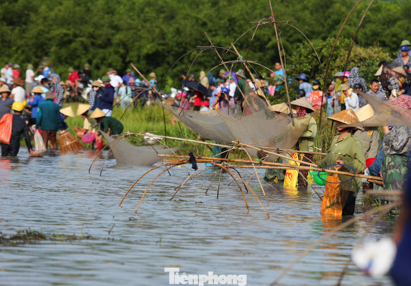 Nhiều nhóm phụ nữ đứng gần bờ để cất vó.