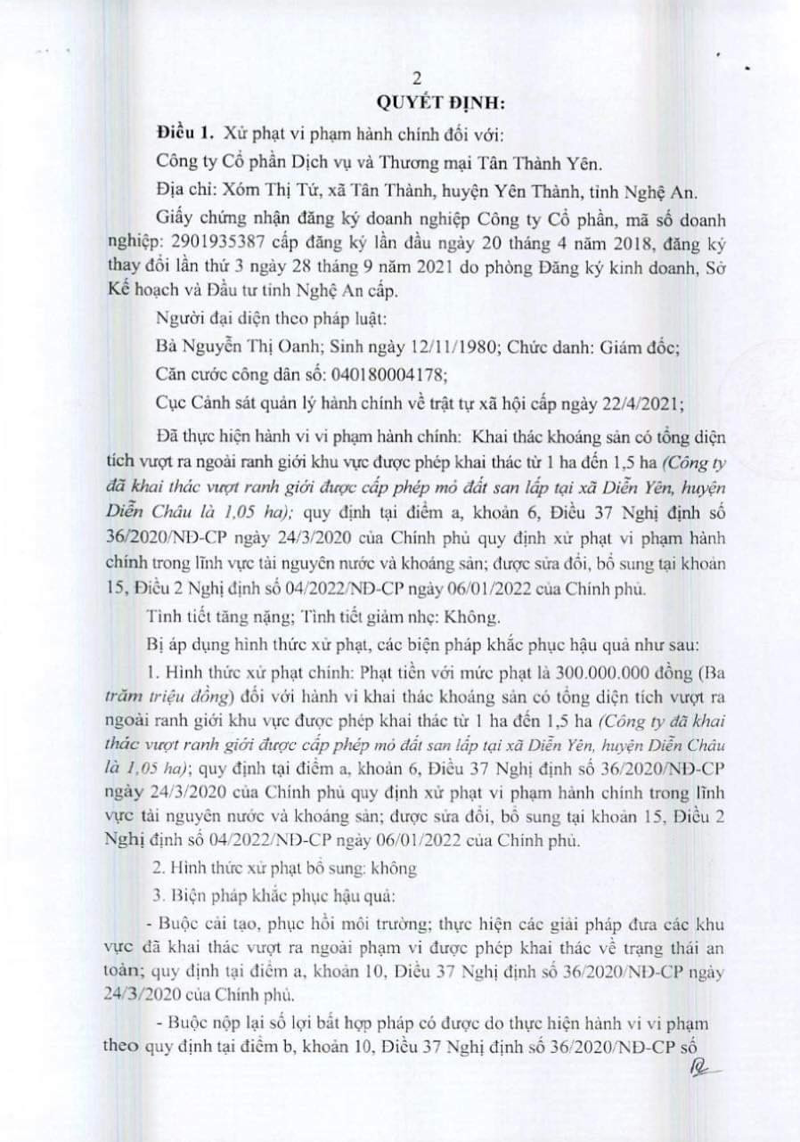 Quyết định xử phạt công ty Tân Thành Yên của UBND tỉnh Nghệ An. Quyết định xử phạt công ty Tân Thành Yên của UBND tỉnh Nghệ An.