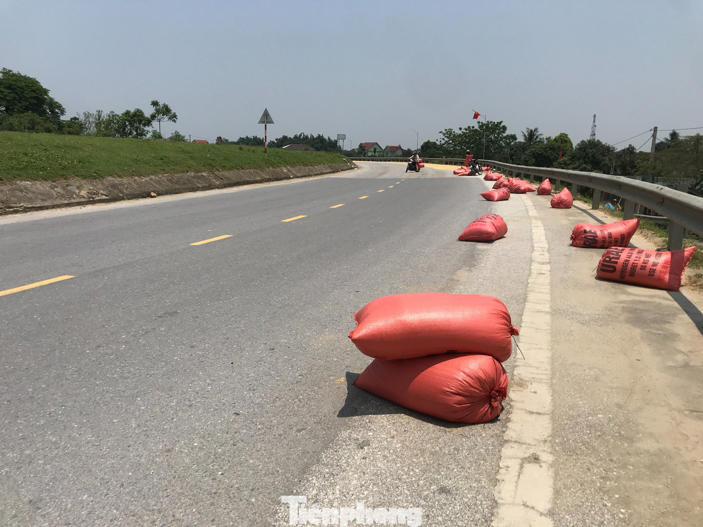 Những bao tải đựng lúa đặt ngổn ngang trên đường gây nguy hiểm cho các phương tiện tham gia giao thông.