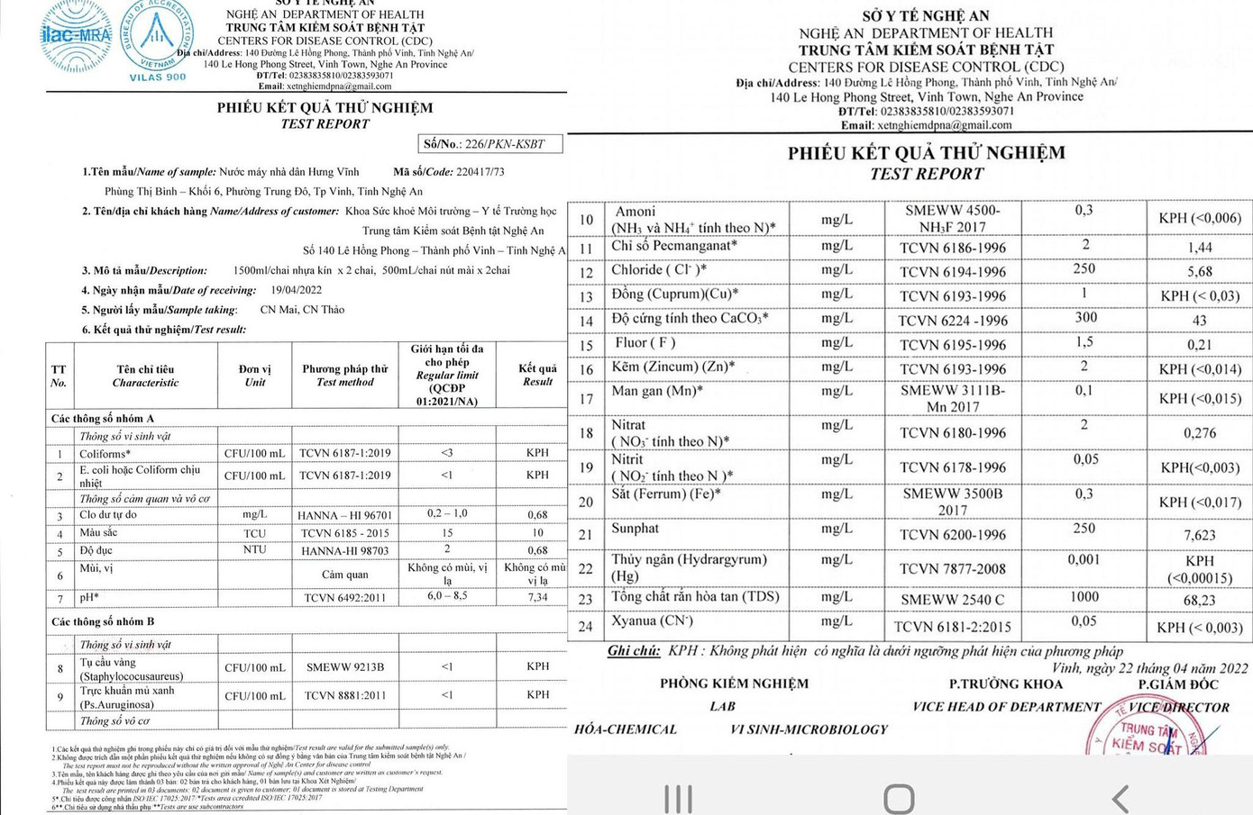Kết quả xét nghiệm cho thấy nhiều chỉ số không đạt chất lượng