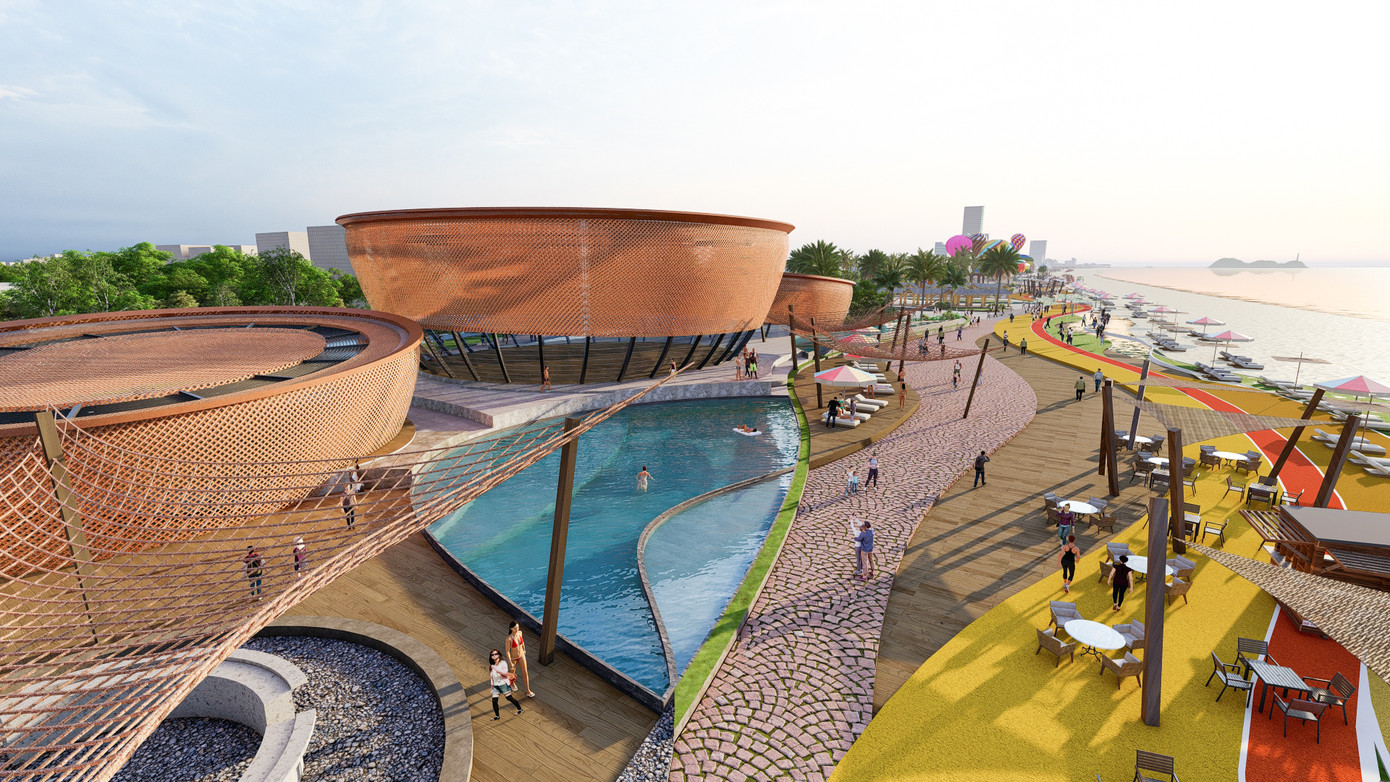 Trong khu quy hoạch, đất quảng trường có diện tích 101.320m2; đất cây xanh, thể dục là 249.707m2; đất hạ tầng kỹ thuật là 20.302m2; đất đường dạo cảnh quan là 50.035m2; bãi cát là 314.304m2. Dự án xây dựng tối đa cao 2 tầng, mật độ xây dựng khoảng 2,6%, diện tích sàn xây dựng khoảng 34.500m2.