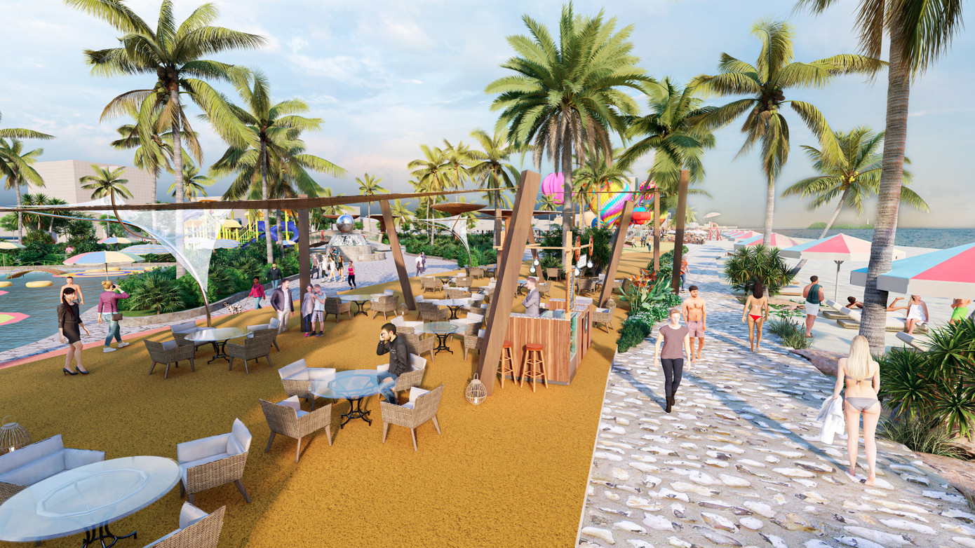 Năm khu vực câu lạc bộ ven biển gồm: Khu câu lạc bộ biển Caribe (CLB biển, tổ hợp dịch vụ, không gian nhạc nước,); Khu câu lạc bộ biển Bắc Âu (CLB biển, tổ hợp dịch vụ, khu vui chơi trẻ em); Khu câu lạc bộ biển Ba Tư (CLB biển, tổ hợp dịch vụ, hồ bơi nước mặn); Khu câu lạc bộ biển Hawaii (CLB biển, khu lễ hội ẩm thực, thể thao ven biển); Khu câu lạc bộ biển Việt Nam (CLB biển, tổ hợp dịch vụ, quảng trường, sân khấu).