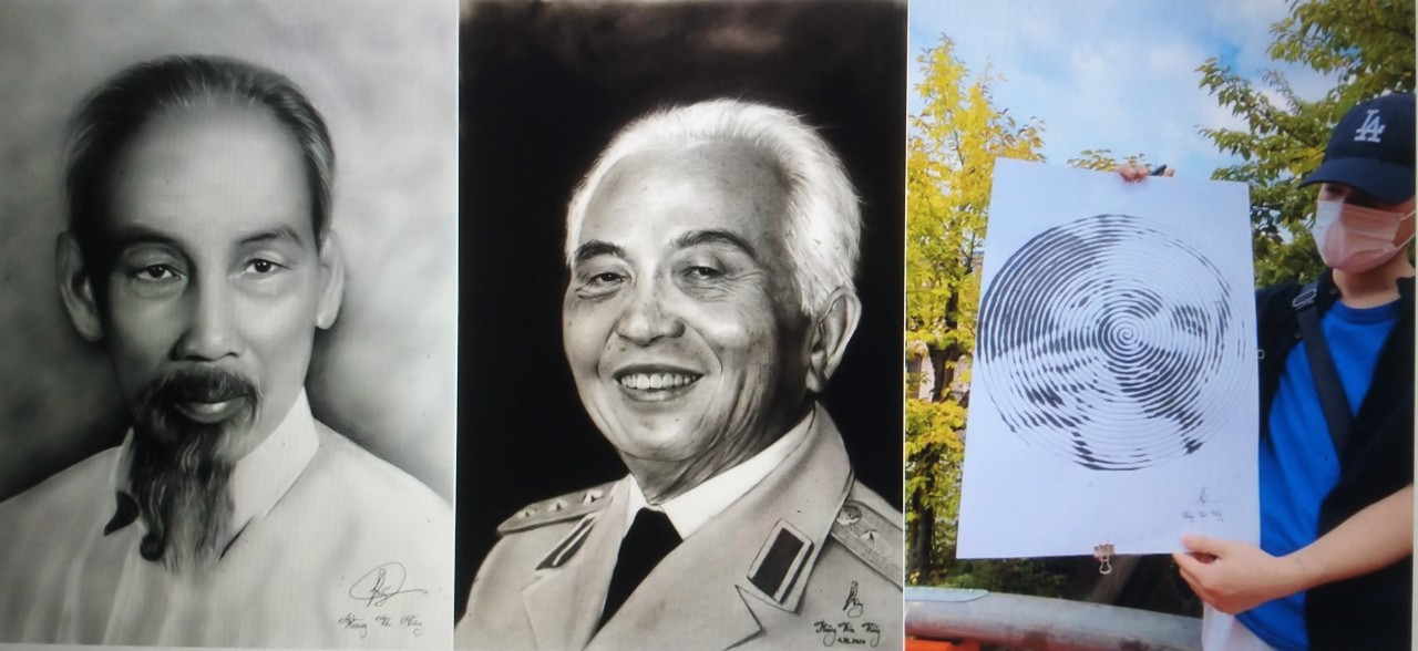 Chân dung Bác Hồ, Đại tướng Võ Nguyên Giáp qua khắc họa của Vững. Ảnh: NVCC. Chân dung Bác Hồ, Đại tướng Võ Nguyên Giáp qua khắc họa của Vững. Ảnh: NVCC.