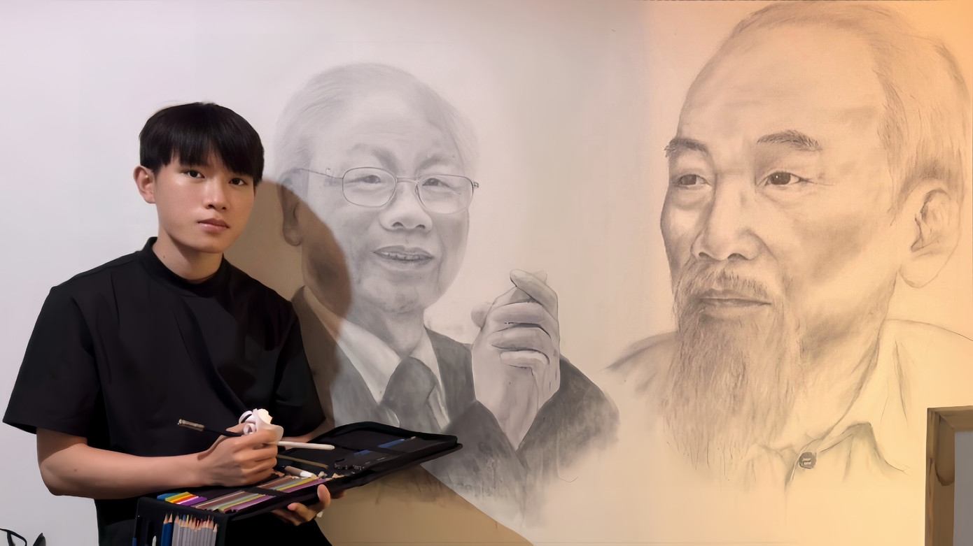 Hoàng Văn Vững bên tác phẩm Bác Hồ với cố Tổng Bí thư Nguyễn Phú Trọng. Ảnh: NVCC. Hoàng Văn Vững bên tác phẩm Bác Hồ với cố Tổng Bí thư Nguyễn Phú Trọng. Ảnh: NVCC.