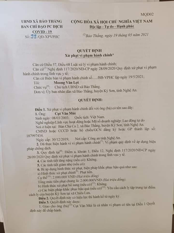 Xử phạt hành chính Cụt Văn Mùi. Xử phạt hành chính Cụt Văn Mùi.