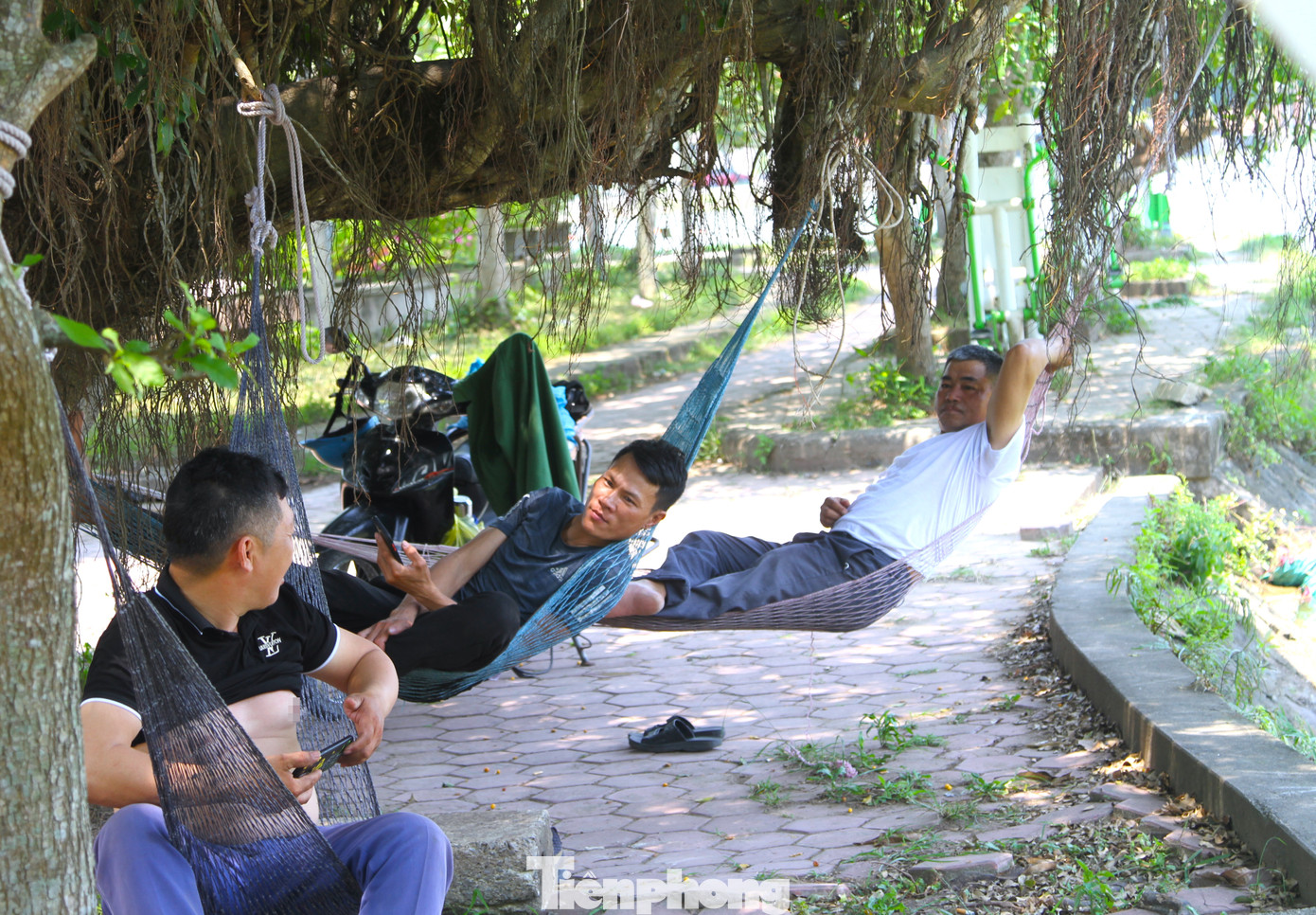 "Nắng nóng này không biết đi đâu cho đỡ. Chỉ ra nằm bên bờ hồ dưới bóng cây là mát thôi. Nhưng cũng không ngủ được. Nằm nghỉ tý cho đỡ mệt rồi chiều tiếp tục mà đi làm", anh Nguyễn Văn Ngọc (39 tuổi, trú huyện Diễn Châu) chia sẻ.