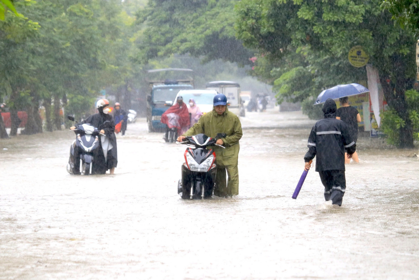 Tại thành phố Vinh, mưa lớn đã gây ngập tại các tuyến phố, một số điểm ngập sâu 0,7m, phương tiện giao thông chết máy ngổn ngang. Lực lượng chức năng căng dây cảnh báo, cấm phương tiện đi vào đoạn ngập sâu.