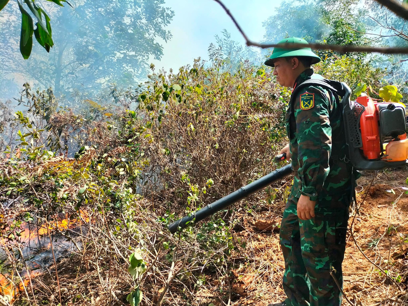 Lực lượng bộ đội dùng các máy thổi để dập lửa cháy rừng. Lực lượng bộ đội dùng các máy thổi để dập lửa cháy rừng.