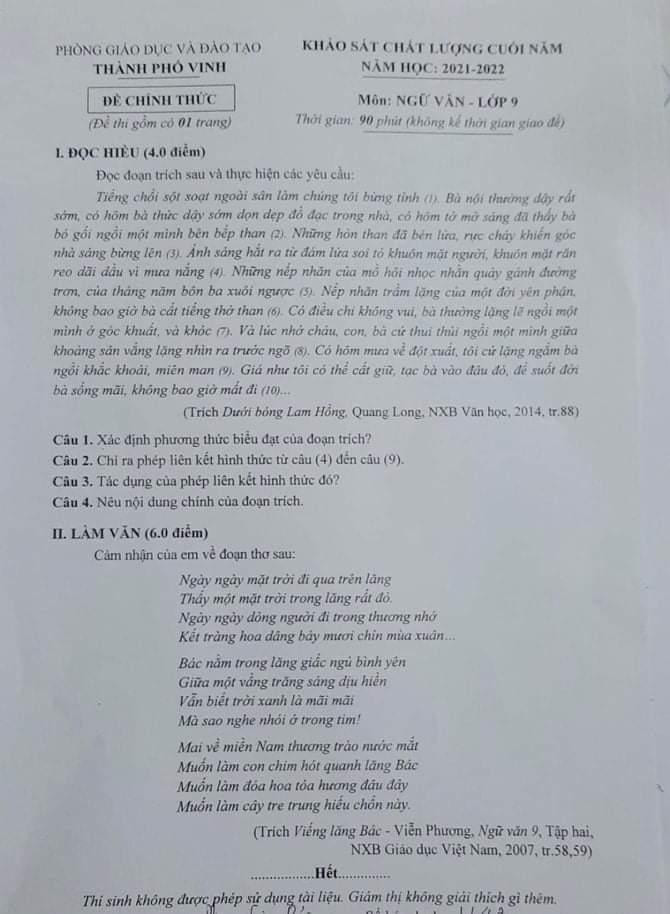 Đề thi môn Ngữ văn của học sinh lớp 9, thành phố Vinh, Nghệ An.