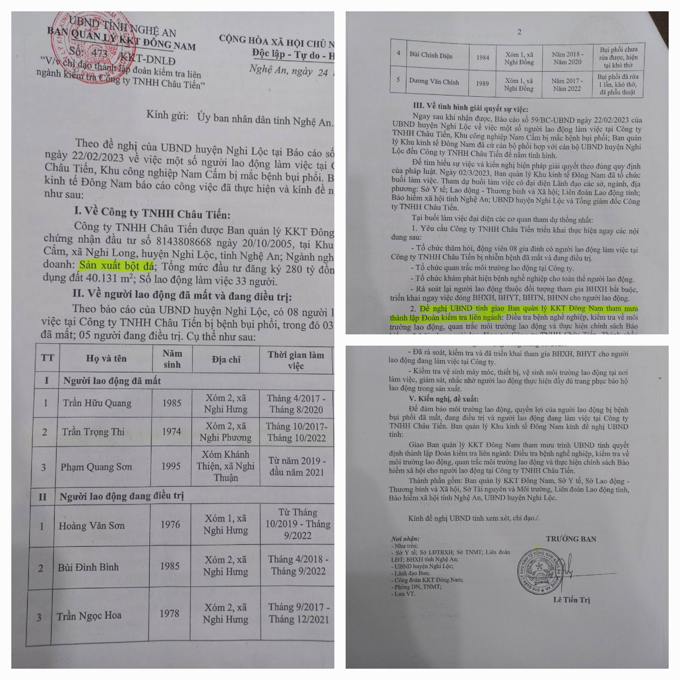 Văn bản của Ban Quản lý Khu KT Đông Nam đề nghị thành lập đoàn kiểm tra Công ty Châu Tiến sau khi có báo cáo của huyện Nghi Lộc về việc có 3 công nhân tử vong và 5 người bị mắc bệnh bụi phổi. Văn bản của Ban Quản lý Khu KT Đông Nam đề nghị thành lập đoàn kiểm tra Công ty Châu Tiến sau khi có báo cáo của huyện Nghi Lộc về việc có 3 công nhân tử vong và 5 người bị mắc bệnh bụi phổi.