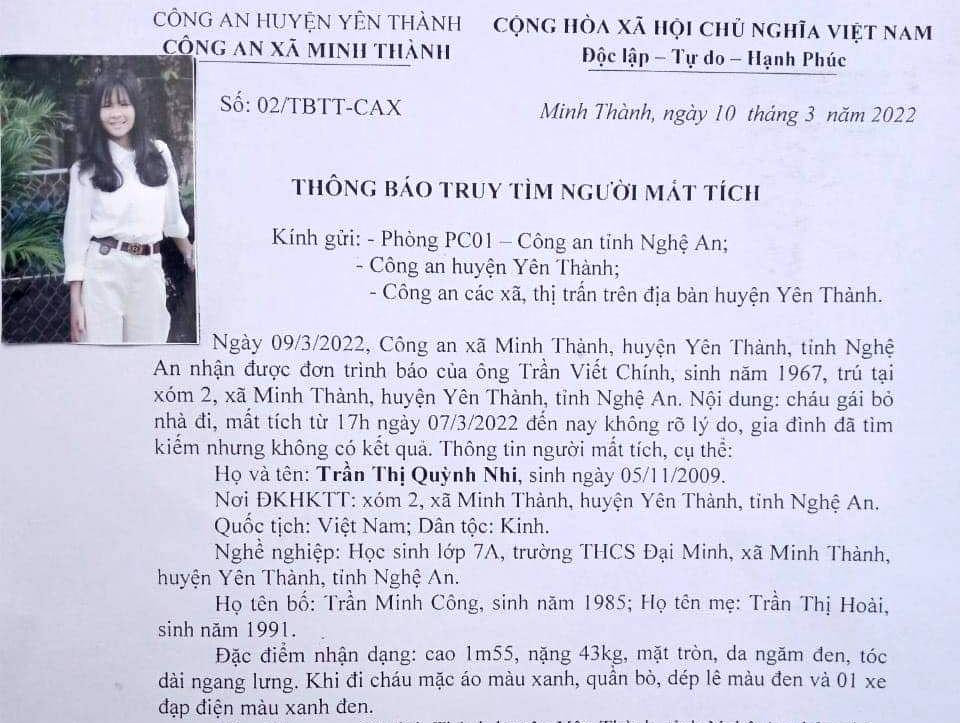 Công an xã Minh Thành phát thông báo tìm kiếm cháu Nhi