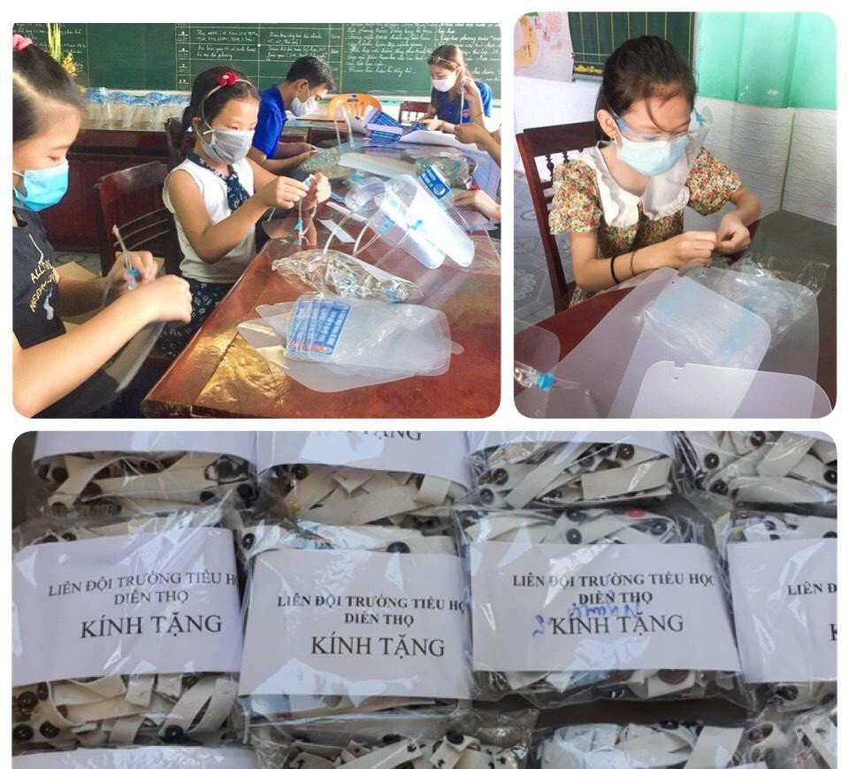 Các em học sinh cùng nhau làm “tai giả”, kính chắn giọt bắn để gửi tặng tuyến đầu chống dịch.