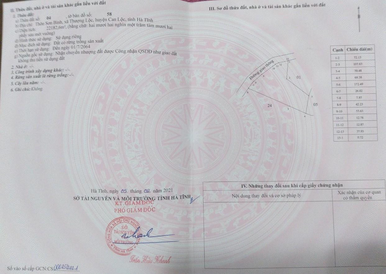 Bìa đỏ được Sở TN&amp;MT tỉnh Hà Tĩnh cấp cho ông Võ Ngọc Hân ngày 5/2/2021 (gần 1 tháng sau khi kết thúc đấu giá)