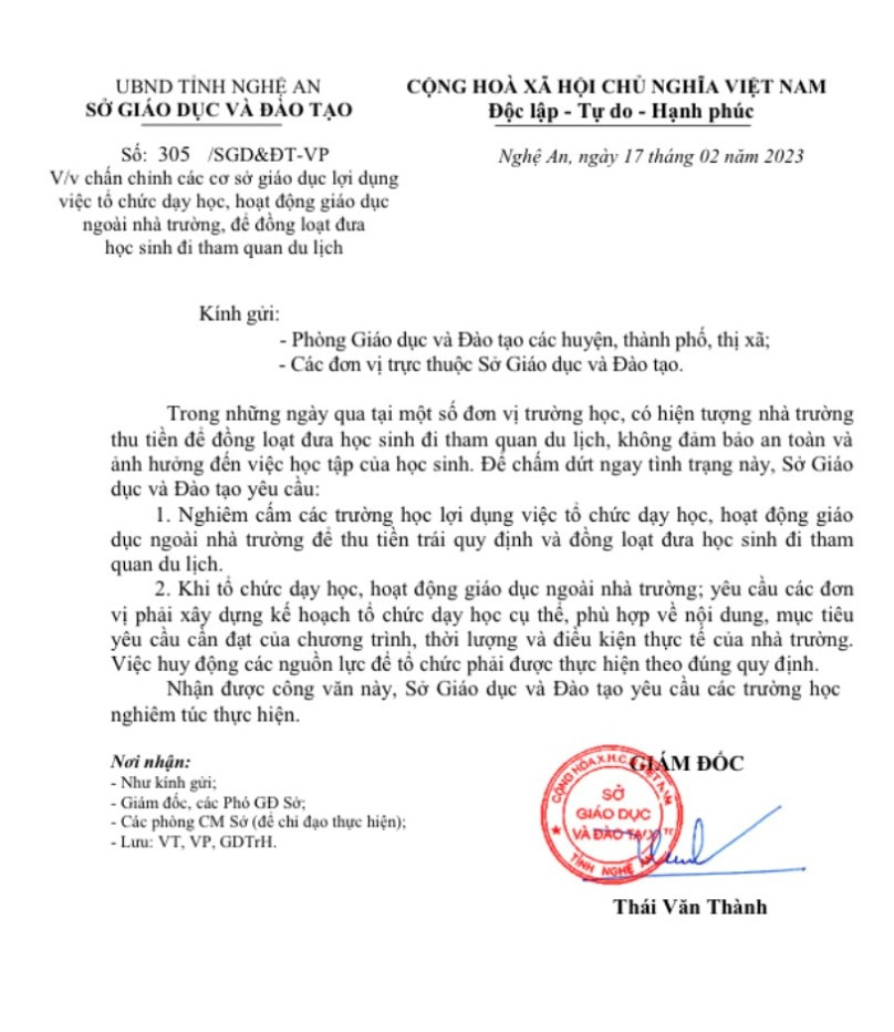 Sở GD&amp;ĐT Nghệ An lập tức ra công văn chấn chỉnh sự việc, tránh tình trạng lợi dụng đi ngoại khóa để du lịch đơn thuần.