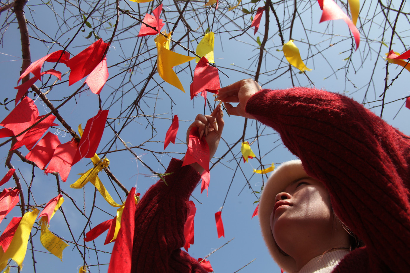 Không chỉ lên chùa cầu khấn, xin chữ, nhiều bạn trẻ còn viết ước nguyện của mình vào những mảnh vải nhỏ màu đỏ, vàng rồi treo lên những cây đào trước chùa để mong những ước nguyện của mình sớm trở thành sự thật.