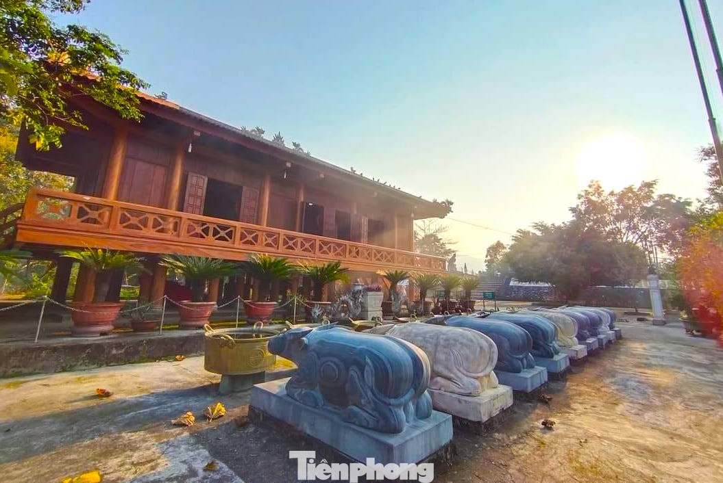 Sân đền có 9 con trâu màu đen và trắng, được làm bằng xi măng đặt trên bệ đá với dáng đang quỳ, là vật hiến tế tượng trưng của các mường xưa. Phía trước 9 con trâu có 9 vạc đựng nước mưa để luộc trâu, tế thần.