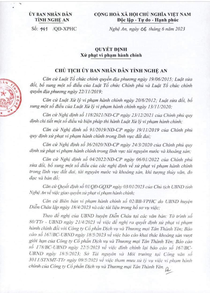 Quyết định xử phạt công ty Tân Thành Yên của UBND tỉnh Nghệ An. Quyết định xử phạt công ty Tân Thành Yên của UBND tỉnh Nghệ An.