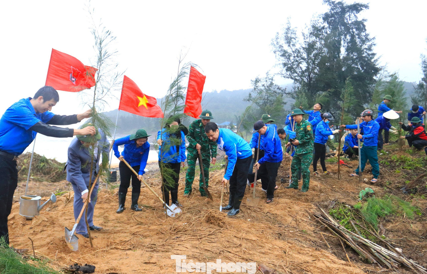 Anh Ngô Văn Cương - Bí thư T.Ư Đoàn, Chủ nhiệm Ủy ban Kiểm tra T.Ư Đoàn trồng cây phi lao tại bãi biển Nghi Thiết, huyện Nghi Lộc, Nghệ An.