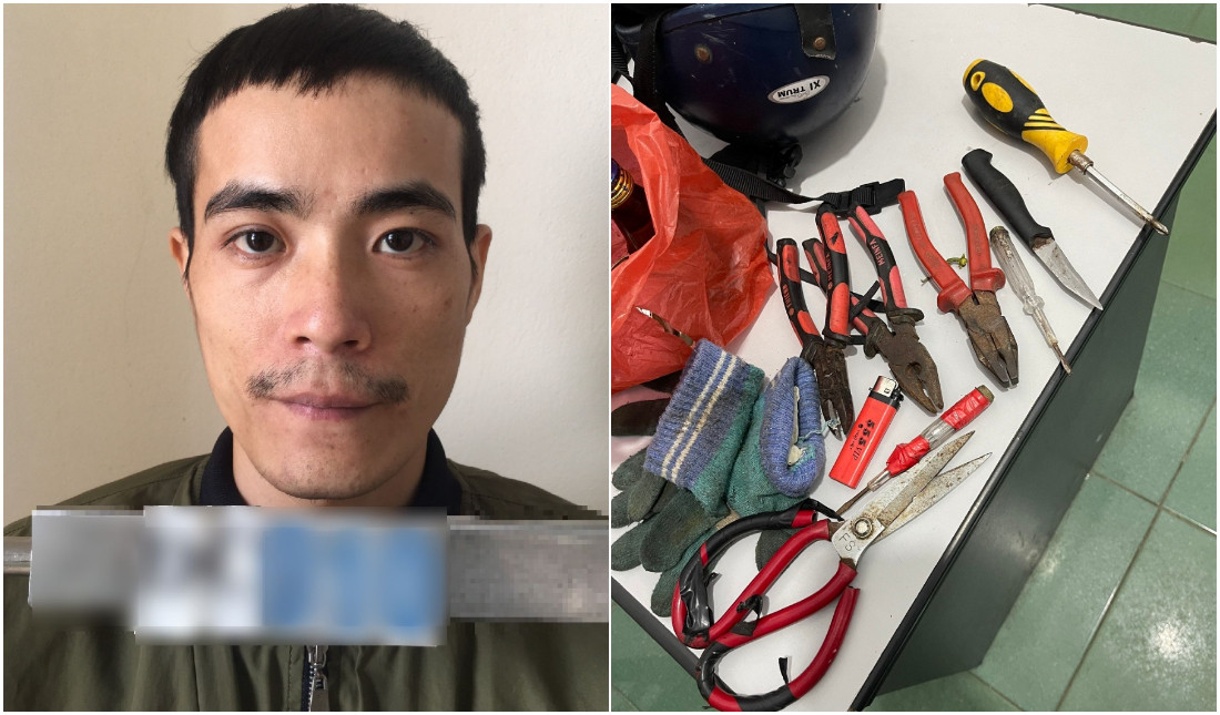 Đối tượng Hiếu và công cụ mà Hiếu dùng để đốt, cắt phá các trạm BTS của các nhà mạng viễn thông.