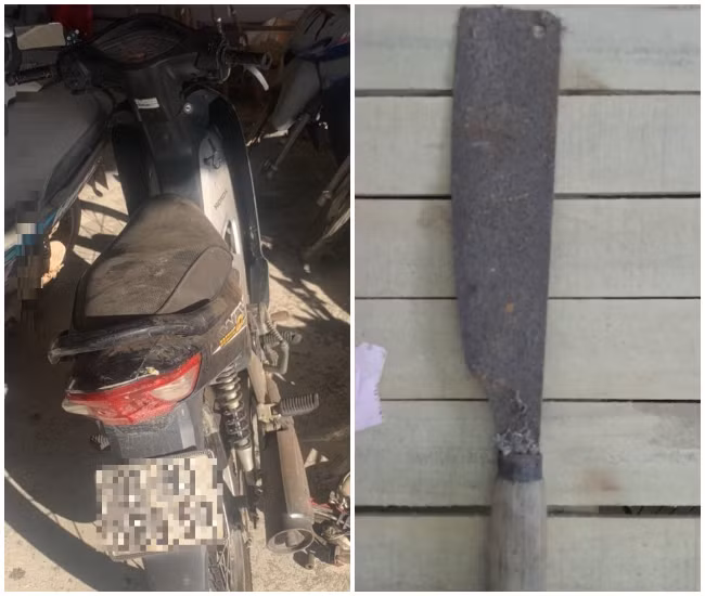 Tang vật công an thu giữ gồm 1 con dao gây án và chiếc xe máy.