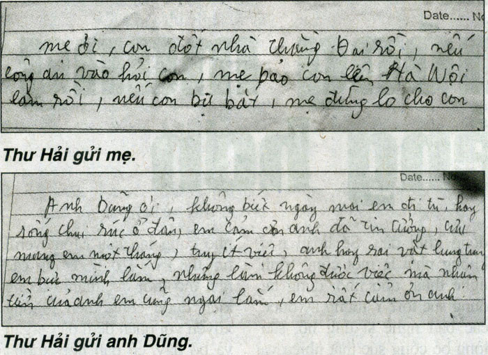 Hai bức thư Hải viết gửi mẹ và anh Dũng. Hai bức thư Hải viết gửi mẹ và anh Dũng