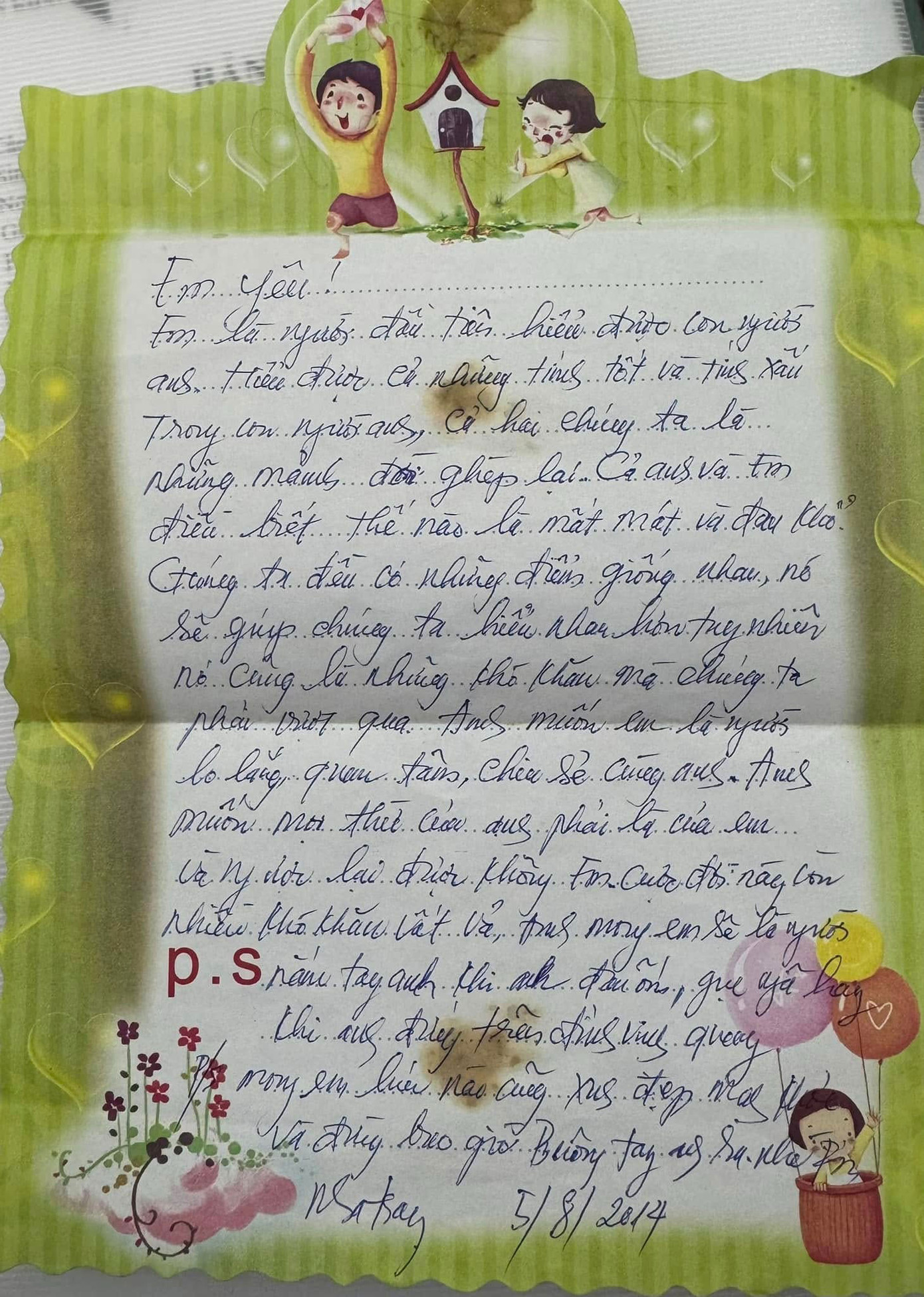 Bức thư NSND Tự Long viết cho vợ cách đây 11 năm. Ảnh: FBNV.