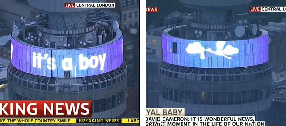 Ngọn tháp ở trung tâm thủ đô London, Anh hiển thị bảng điện tử về thông tin công nương Anh sinh em bé