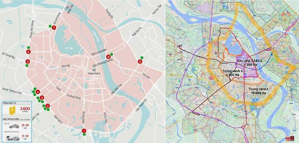 Sơ đồ minh họa Đề án thu phí đang nhiều tranh cãi và Đề xuất phân 3 vùng thu phí trong mạng lưới Hanoilink: đường sắt đô thị hiện có kết nối với đường sắt ngoại ô và tuyến bus ưu tiên (nguồn: City Solution)
