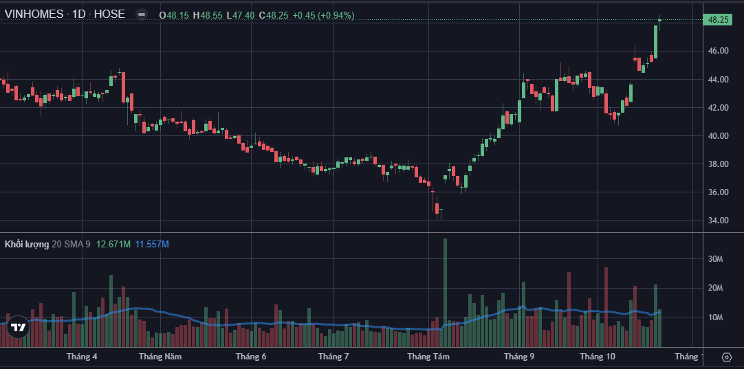 VHM tiếp tục lập đỉnh mới, thị giá đạt 48.250 đồng/cổ phiếu.