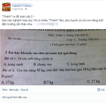 Đề "Toán - Văn" lớp 2 xuất hiện, khiến nhiều người thắc mắc . Đề